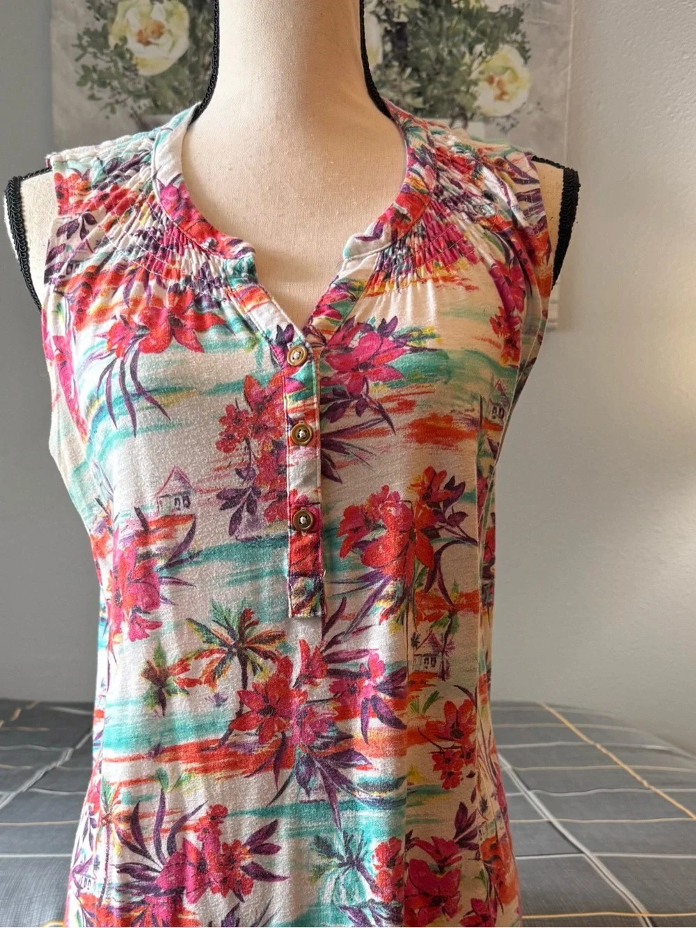 👗Caribbean Joe Sleeveless Tropical Floral Dress in Pink & Teal Size Large